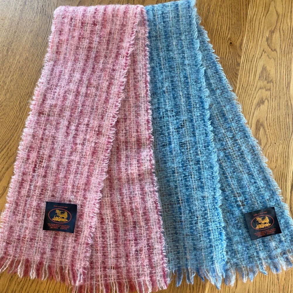 2 Edinburgh Woollen Mill Scarf Set Unisex OS Blue Pink Wool Blend Scotland Plaid